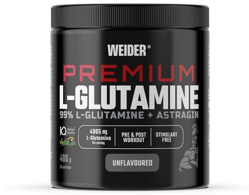 Weider Premium L-Glutamine (400g) Gusto Neutro, 99% L-Glutammina Kyowa Quality + AstraGin® per un migliore assorbimento, Protezione Muscolare, Pre & Post Allenamento, Senza Zucchero, senza Stimolanti