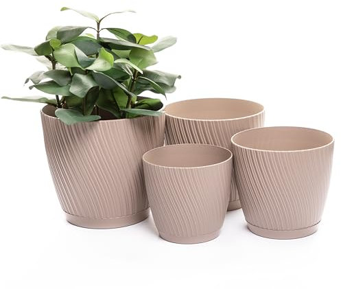 Home Garden Ornaments Swing Plant Pots Indoor – Indoor Plant Pot Set of 4 Sizes (13cm, 15cm, 17cm, 19cm) with Saucer, Drainage Holes, Decorative Stripes, Flower Pots Outdoor (Colour: Taupe)