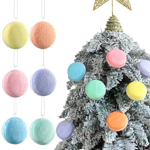 6Pcs Pastel Glittered Macaron Ornament Set, Candy Macaron Shape Christmas Tree Balls Ornaments for New Year Christmas Hanging Holiday Party Decorations (Mix 6 Assorted)