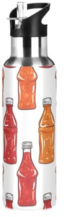 Ketchup Chili Sauce Flasche Wasserflasche Trinkflasche mit Strohhalm Deckel Isolierte Edelstahl Thermosflasche für Jungen Mädchen Gym Sport Auslaufsicher 600ml