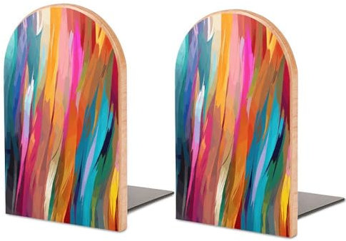 Serre-livres robustes en bois avec impression couleur arc-en-ciel, serre-livres décoratifs, serre-livres antidérapants pour étagères (1 paire)