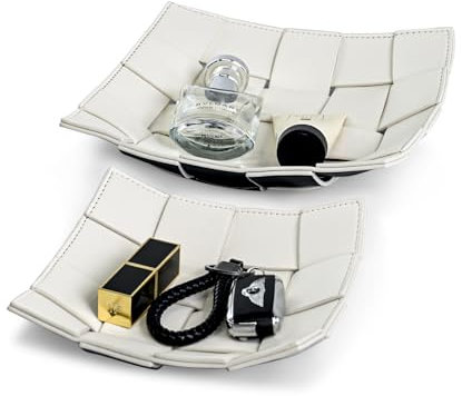 2 Pack PU Leather Valet Tray for Men, Key Holder Bowl for Entryway Table Catchall Storage Organizer EDC Dump Tray for Wallet, Keys, Coins - Large+Small, 9.8 L x 9.8 W x 2 H/7.1 D x 7.1 W x 2 H