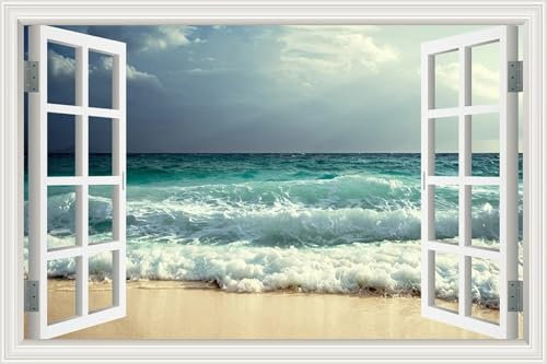 Autocollants muraux 3D en PVC, motif plage, océan, ciel, paysage, 228,6 x 152,4 cm, autocollants muraux décoratifs pour fenêtres, murs et peintures murales, papier peint autocollant pour décoration