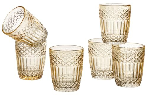 Baroni Home Set 6 pz di Bicchieri in Vetro Decorati con Rifiniture in Rilievo da 30 CL, Lavabili in Lavastoviglie, 8x8x10, Ambra