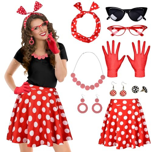 Aragallant Rockabilly Accessoires Damen,9 Stück 50er Jahre Damen Accessoires mit Schal Handschuhe Brille und Ohrstecker Polka Dot Rock,für Karneval Halloween Fasching (Rot, M)