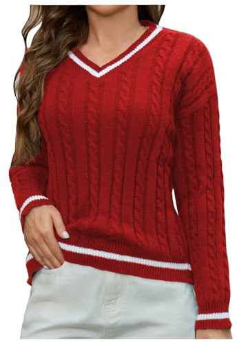 SMUXP Black of Friday Deals Damen V-Ausschnitt Knit Cricket Pullover Langarm Zopfstreifen Strickpullover Stretch Colorblock Pullover Sportswear Jersey Top, Farbe: Rot., XL