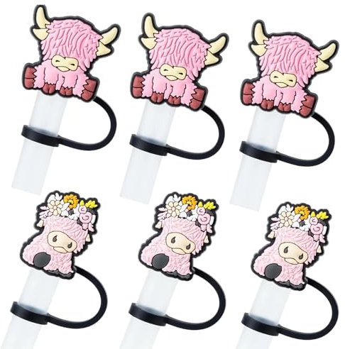 Nhemeylp 6 PCS Silicone Reusable Straw Covers, 0.4 Inch/10mm Dustproof Leakproof Straw Tips Lids, Pink, Highland Cow, 6 Count