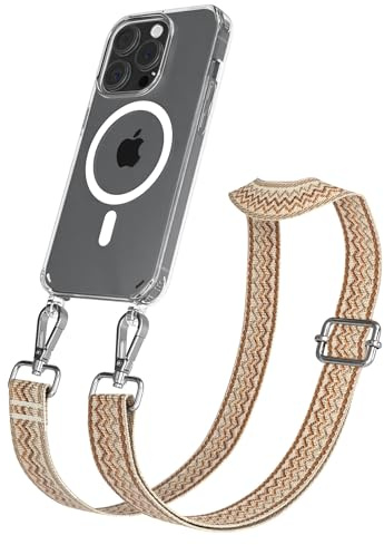 EAZY CASE Handykette - Verstellbares Taschenband kompatibel mit iPhone 15 Pro, Schulterriemen, Handykordel mit Silikon Hülle, Qi Charging kompatibel, Umhängetasche, Beige Braun Silber