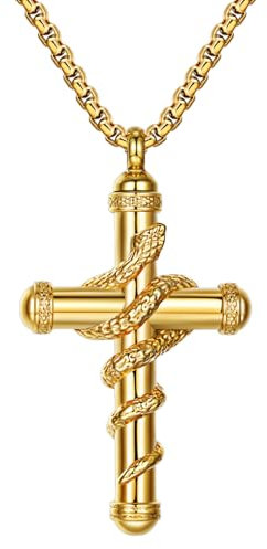 Oidea Snake Cross Urn Necklaces for Ashes: Gold Men Women Openable Stash Necklace with Spoon Ashes Necklace Memorial Keepsake Cremation Jewelry for Human Ashes