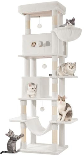 Hzuaneri 210 cm Grand Arbre à Chat, Tour à Chat pour Chats d'intérieur, avec Grand Perchoir, Tapis Lavable, 2 Niches Chats, 8 Griffoirs, Hamac, Pompons, Blanc Crème MS21018WT