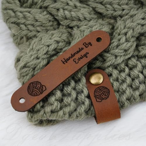Personalisierte Leder-Etiketten für Strickwaren, graviert zum Häkeln, individuelles Leder mit Nieten (20 Stück)