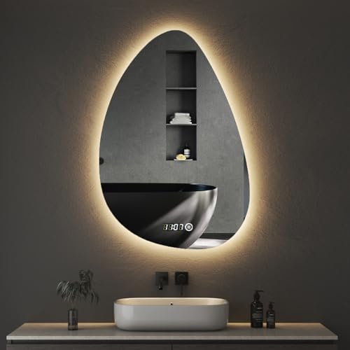 Boromal Asymmetrischer Spiegel mit Beleuchtung Badspiegel mit Beleuchtung 55x80cm Badezimmerspiegel LED Spiegel mit Uhr, Touch-Schalter, Dimmbar, 3 Lichtfarbe Einstellbare