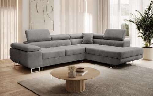 Luxusbetten24 Designer Sofa Aston mit Stauraum und Schlaffunktion | Bezug: Samt | Farbe: Grau | Stellvariante: Rechts