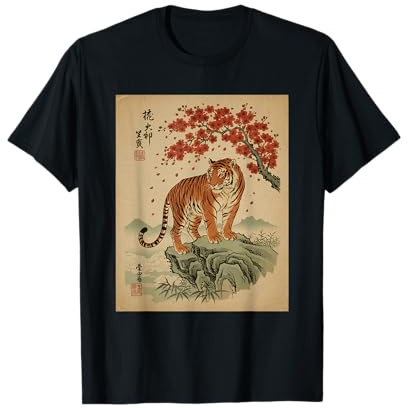 Vintage Japanese Tiger Cherry Blossoms Tree Woodblock Art T-Shirt