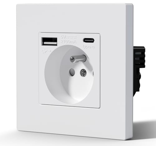 BSEED Prise Electrique avec USB et Type C, Prise Murale avec Panneau En Plastique, Alternatif Norme Française 16 Amp 240V 86mm Blanc