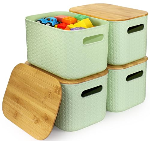 RWFMO 4 Pcs Plastic Green Storage Baskets with Bamboo Lid for Bathroom | Stackable Design, Wicker Storage Boxes with Handle for Home Kitchen, Office and Wardrobe, 24 x 16.5 x 15.5cm