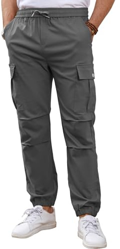 Tolaler Pantalon Homme Cargo Casual Pantalon de Jogging Travail Ceinture Élastique avec Multi Poches Cordon de Serrage Sport Gris Foncé M