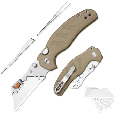 Kizer C01C Uti 2 EDC Universalmesser Cuttermesser Klappmesser, V3488.29JNA2 | Werkzeuglose Version Taschenmesser mit 5 Rasierklingen, Daumenknopf und Braunem G10-Griff Camping Messer für Männer Frauen
