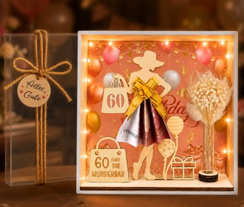 Geldgeschenk 60 Geburtstag Frauen, Kreative Geldgeschenke Verpackung | Personalisierte 60 Geburtstag Geschenkbox mit Holz-Schild Gästebuch, LED Lichterkette, Getrocknete Blumen, Reagenzglas