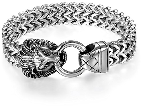 JewelryWe Schmuck Herren Armband Edelstahl Biker Löwe Ring Panzerkette Armreif Armkette Geschenk Silber