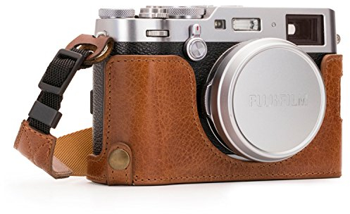 MegaGear MG1282 Ever Ready Echtleder Kamera-Halbtasche mit Trageriemen und Batteriezugang für Fujifilm X100F braun