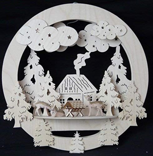 Rudolphs Schatzkiste Fensterbild mit Haus Rehe und Beleuchtung BxHxT 32x32x4cm NEU Lichterbogen Fensterbogen Spitzbogen Erzgebirge Seiffen Weihnachten Licht Holz Dekoration Beleuchtung Fensterschmuck