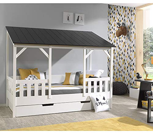 Lomadox Kinder-Hausbett mit 90 x 200 cm Liegefläche und Bettschublade