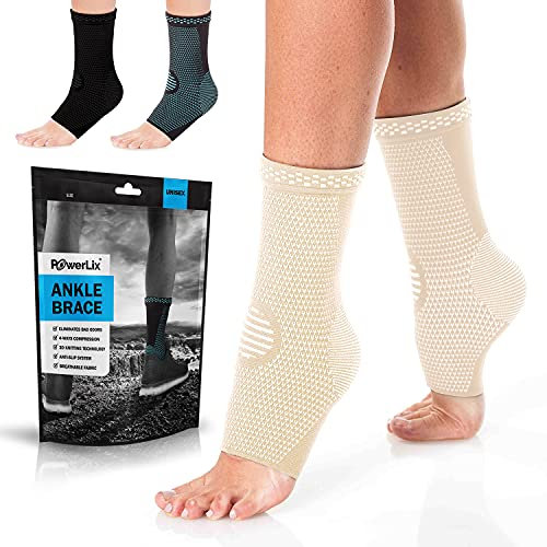 POWERLIX Ankle Support Brace 2 Pack, Ankle Brace for Men/Women/Kids, Support for Ligament Damage, Sports Protect, Injury Recovery, Plantar Fasciitis Foot Socks with Arch Support, Beige, Large