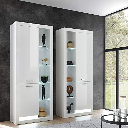 Lomadox Moderner und Zeitloser Vitrinenschrank 2er-Set in Hochglanz weiß, inkl. LED-Beleuchtung, B/H/T: 180/195/37cm