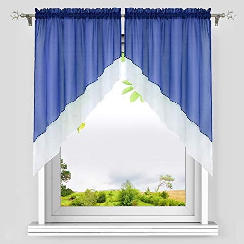 HeichkelL Voile Scheibengardine Bogen Set 2-Teilige Kleinfenster Vorhang Tunnelzug Kurzstores Doppelschichtige Küchengardinen Saphirblau BxH 120x125 cm (Jedes Stück)