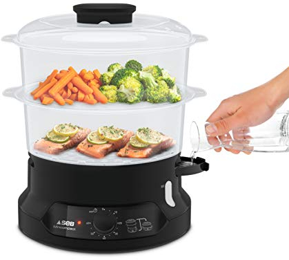 Seb Minicompact Cuiseur vapeur, Cuisson saine, 6 L, 800 W, 2 bols empilables, Bac à riz et céréales, Minuteur 60 min, Arrêt automatique, Niveau d'eau visible, Facile à ranger VC139800