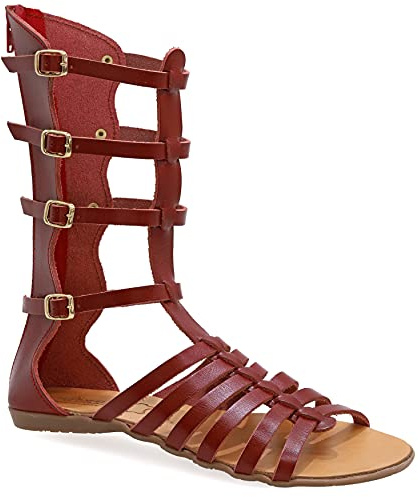 Size 8 Red Emmanuela Ancient Greek Style Handmade Leather Gladiator Sandals, Quality Calf High Sandals with Rear Zipper at Shaft, Strappy Summer Flat Shoes for Women