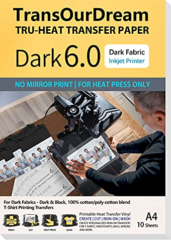 TransOurDream Tru Heat Transfer Paper for Dark T Shirts & Fabrics (10 Sheets A4, Dark 6.0) Iron On Transfer Paper with Inkjet Printer Easy to Cricut Bright Colors Printable htv (Trans-06-10)