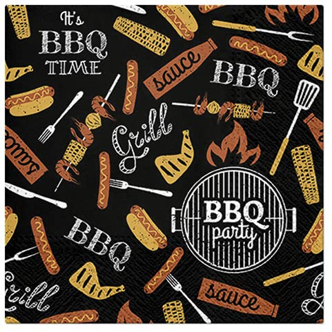 20 Servietten Grillparty auf schwarz | Essen | Sommer | Tischdeko 33x33cm