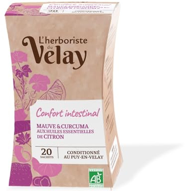 L'Herboriste du Velay - Infusion BIO Confort Intestinal - Mauve, Coriandre, Huiles Essentielles de Citron & Curcuma - Conditionné au Puy-en-Velay - Boite de 20 Sachets