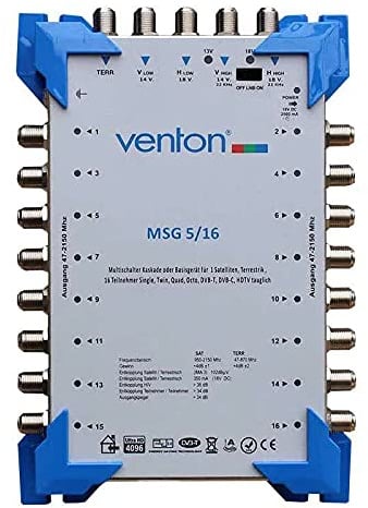 Venton Sat Multischalter 5/16 MSG I Multiswitch für bis zu 16 Teilnehmer I Sat-Verteiler 5 Eingänge 16 Ausgänge - UHD Full HD-TV 4K 3D I Empfang digitaler & terrestrischer Signale I inkl. Netzteil
