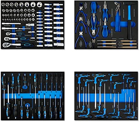 EBERTH Multitool Werkzeug Set 134 Teile Für Werkzeugwagen, Beschriftete Werkzeugeinleger aus Schaumstoff, Hartmetall, Ergonomische Griffe, Für 4 Schubladen, KFZ & Profi-Werkstatt Ausstattung, Blau