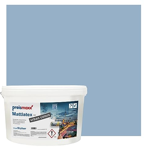 Preismaxx Mattlatex Farbe für Innen urban colors, bunte Wandfarbe Latexfarbe matt, blau, taubenblau, pigeon blue 5L