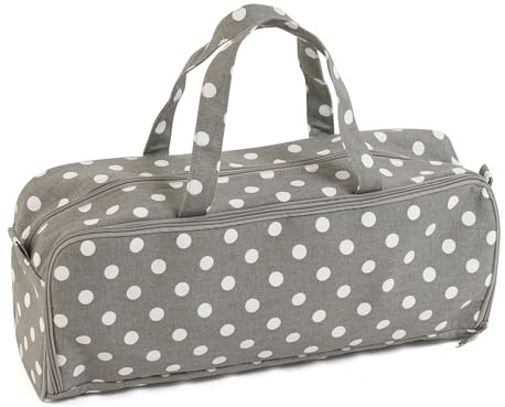 Hobby Gift Stricktasche Mittel - 100% weiche Baumwoll-Bastel- & Häkeltasche mit Reißverschluss-Nadeletui, Wollöse, Wollhalter & Doppelgriff - 13 x 45 x 18 cm, Grau mit Punkten