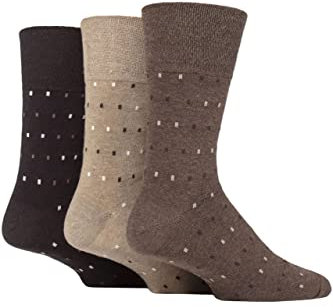 SockShop Gentle Grip Mens Patterned Socks Argyle Striped Spotty Geometric Design, Casual Everyday Wear, Honeycomb Top Comfort Cuff, Pack of 3 - Micro Rectangle Brown/Natural 6-11