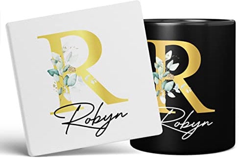 Personalised Letter R Floral Mug Initial with Name, Customised Gift, Gold Effect Printed Letter, NOT Metallic - Ceramic Coffee Cup for Men or Women, Extra Large and Giant Mug, 11oz Black Cup & Coaster