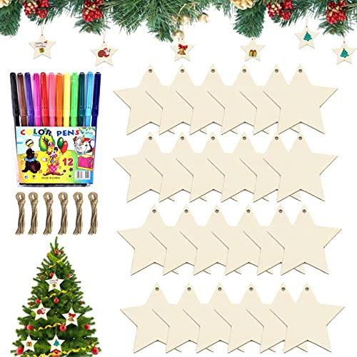 Basteln Weihnachten Kinder, 30 Stück Holzanhänger Weihnachten, Baumschmuck Weihnachtsbasteln Kinder, Weihnachtsanhänger Bastelset Weihnachten für Weihnachten mit 12 Aquarellstift, 30 Stück Seil