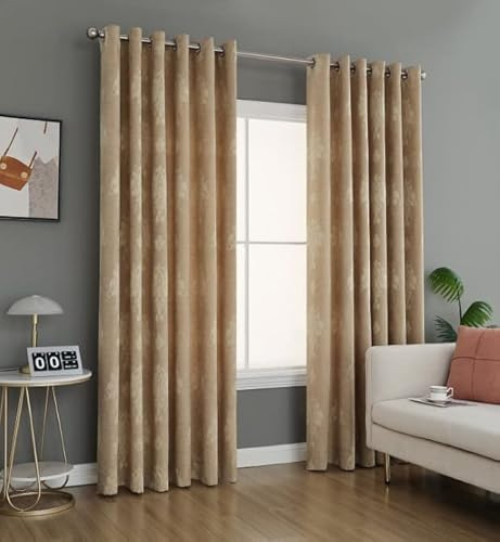 PRIME LINENS Curtain for Living Room Ring Top Jacquard Fully Lined Modern Panels Eyelet Curtain for Bedroom Window with 2 Free Tie Backs (Gold, W 90 x L 108)