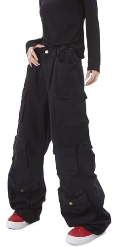 Pantaloni Cargo Larghi da Donna Y2K Abbigliamento Multi-Tasca vestibilità Rilassata Jeans Fata Grunge Vestiti Alt Emo Streetwear, Nero, M