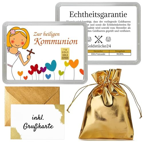 Goldstücke24 - Geschenk zur Kommunion Junge + Mädchen - 1g Goldbarren in Motivbox - Tolle Geschenkidee - Echtheitsgarantie - Grußkarte