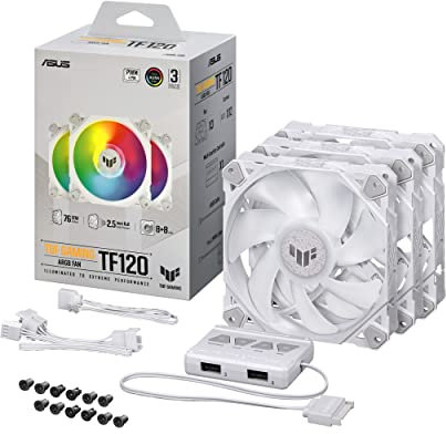 ASUS TUF Gaming TF120 ARGB White Edition (3-Pack) 3-Pin Customizable LEDs Blade, Advanced Fluid Dynamic Bearing, 120mm PWM, Anti-Vibration Pads, Double-Layer LED Array