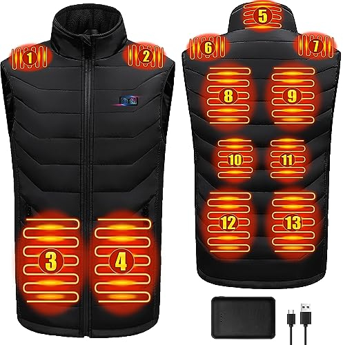 XINSONYUELL Beheizbare Weste für Herren und Damen mit Powerbank, 3 Einstellbar Temperatur, 13 Zonen Heizung, Verstellbar Eletriksche Heizweste mit Akku für Winter
