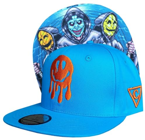 Capiche [99+ Designs] Blauer Snapback Hut für Männer, Smiley Gang, Tattoo Cap, Smiley Gesicht Hut, Emoji Baseballkappe, Gruseliges Kunstwerk, Folklore, Masken