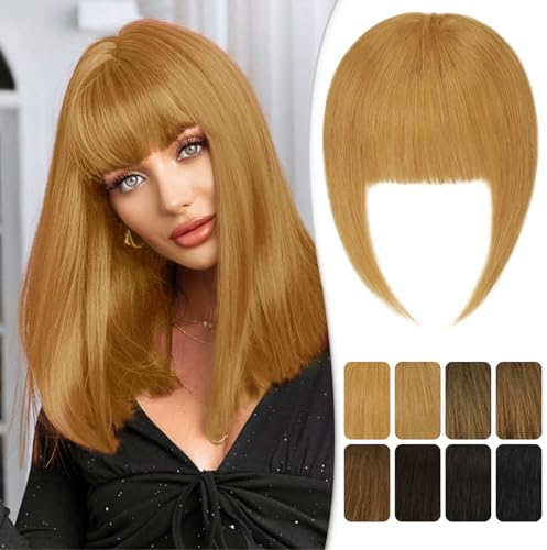 RUWISS Clip in Pony 100% Haarteil Echthaar Clip in Bangs mit Schläfen Remy Echthaar Fringe Dickes Bangs für Frauen Pony Extension Echthaar für Damen(Blond)