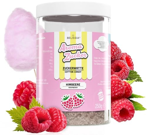 Belissia Aromazucker | 250g Zuckerwatte Zucker mit Himbeere Geschmack | Intensiver Aromazucker für jede Zuckerwattemaschine | Geeignet für Dessert, Popcorn, Kratzeis, Slush, Cocktails uvm.